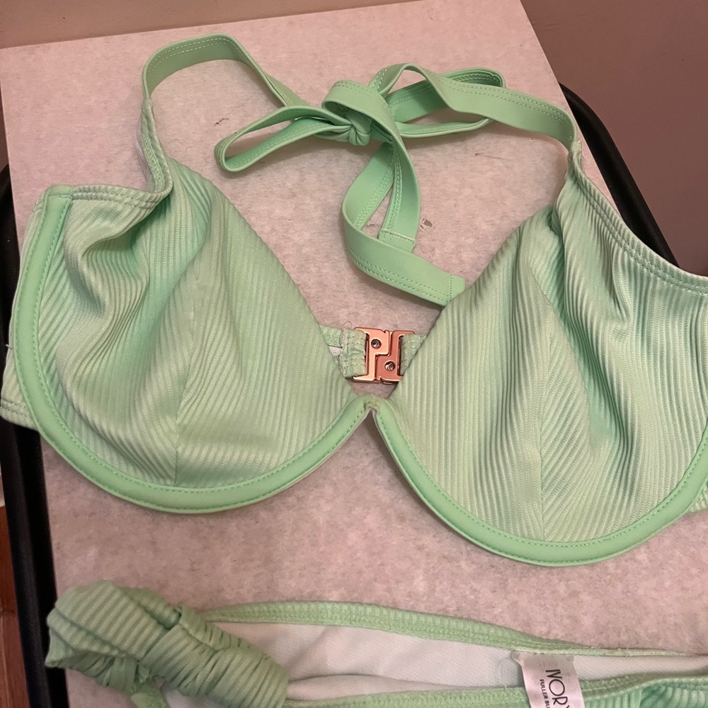 This is a Nory Rose sage green ribbed underwire bikini set with tie details. - Picture 2 of 5